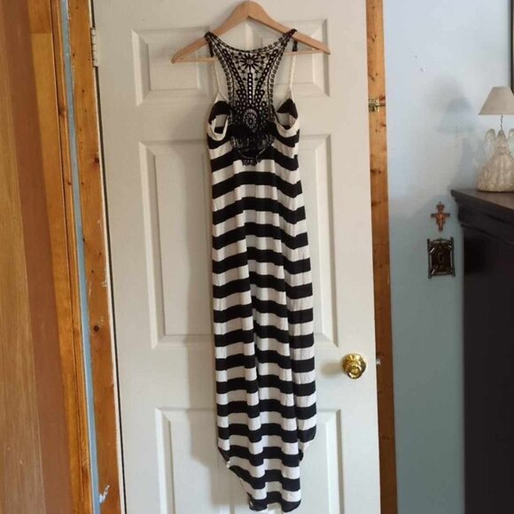 Almost Famous Sz Small Poly Rayon Linen Jail Striped Midi Summer Dress Crochet - Picture 5 of 9